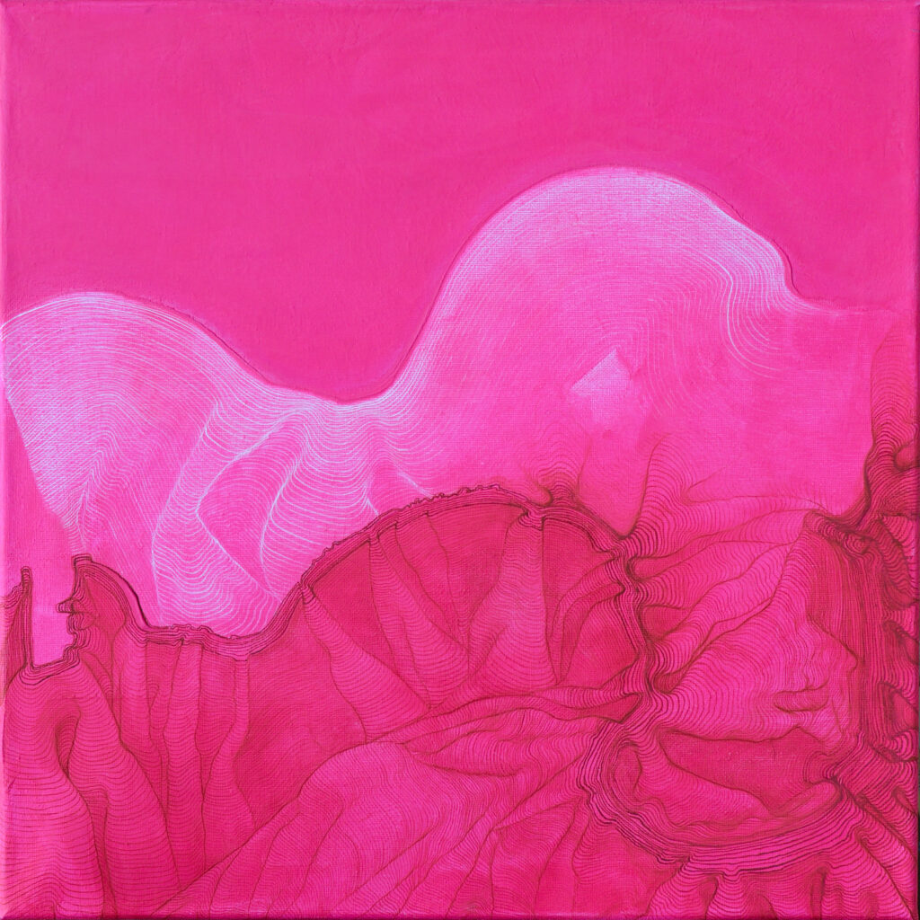 Bright neon pink painting on canvas with white and red organic line art by Ilayda Mercankaya Visual Artist.