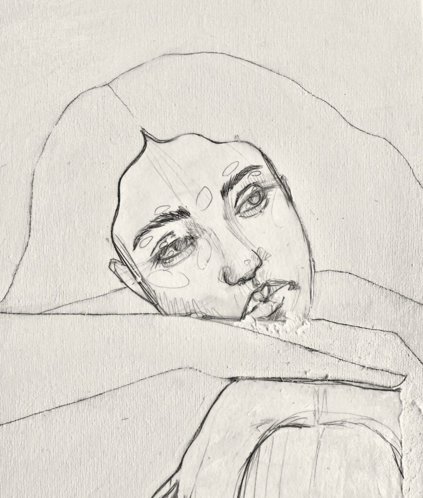 Autoportrait of the artist as a sketch with simple lines on a blank canvas.