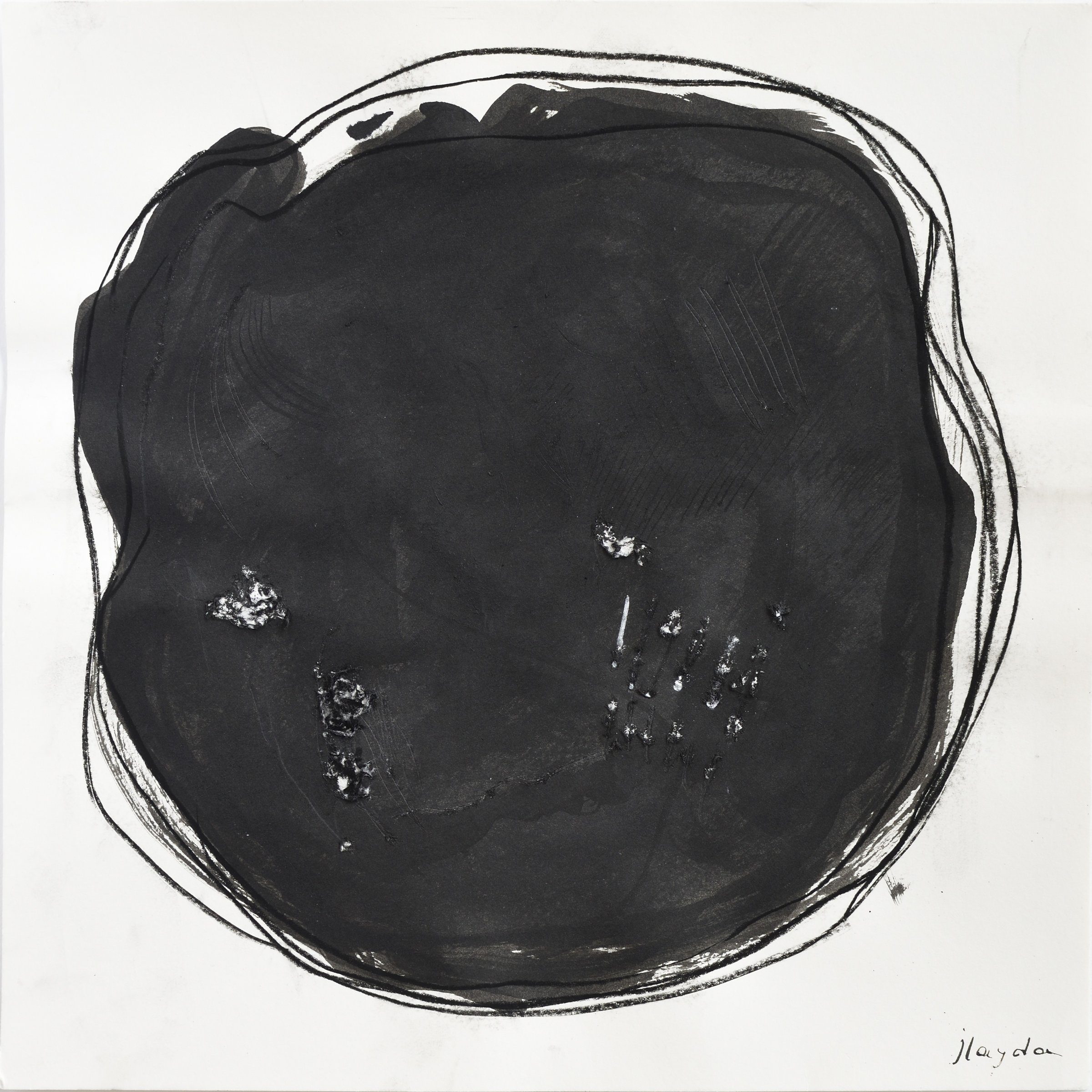 An abstract composition in ink and charcoal, where spherical dense darkness is pierced by sharp white lines.