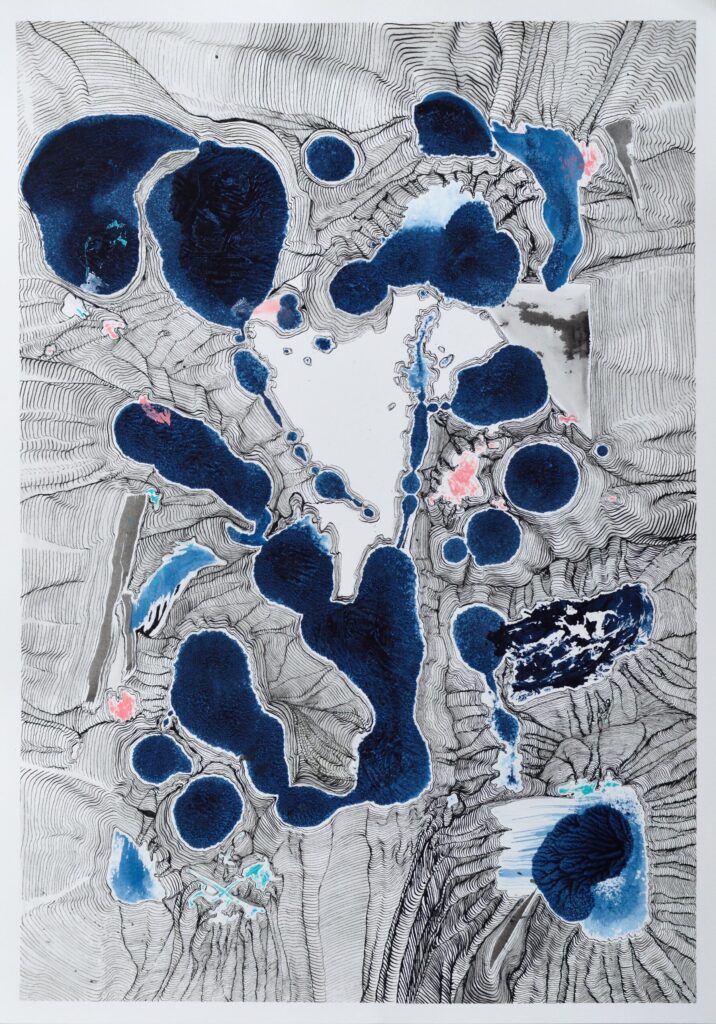 Diptych experiment: Two identical ink stains subjected to different linear interpretations. The line work varies in density and structure to test how the same form changes through drawing.