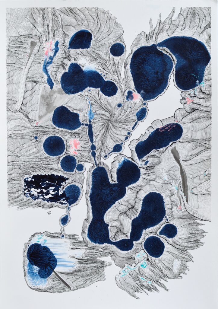 Diptych experiment: Two identical ink stains subjected to different linear interpretations. The line work varies in density and structure to test how the same form changes through drawing.
