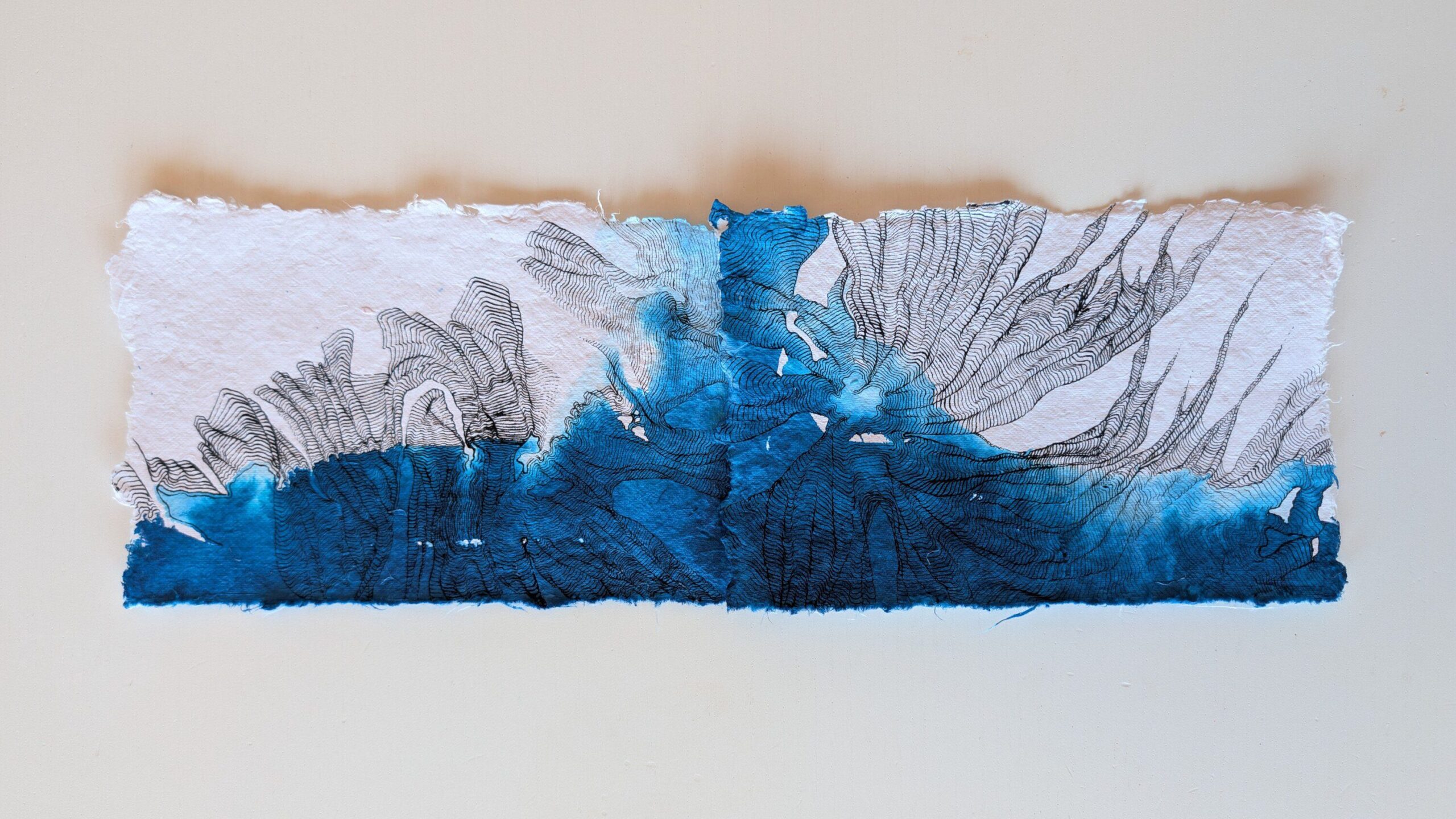 Abstract ink form overlaid with dense, branching line work that resembles the porous structure of a coral reef.