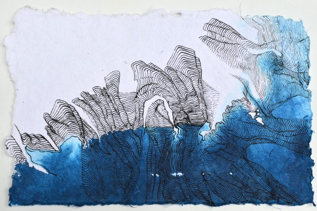 Abstract ink form overlaid with dense, branching line work that resembles the porous structure of a coral reef.