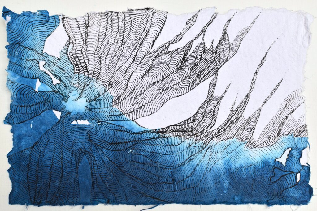 Abstract ink form overlaid with dense, branching line work that resembles the porous structure of a coral reef.