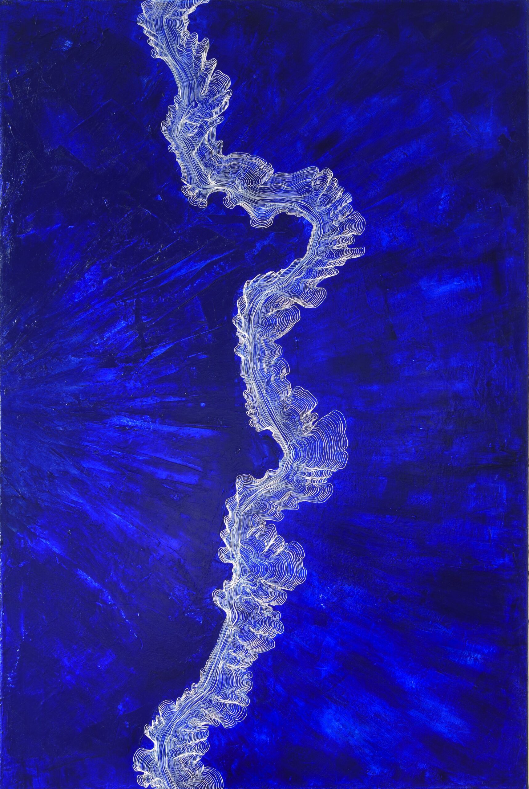 Large-scale deep blue painting on canvas by Ilayda Mercankaya Visual Artist, with organic white lines that resemble an underwater flowing river.