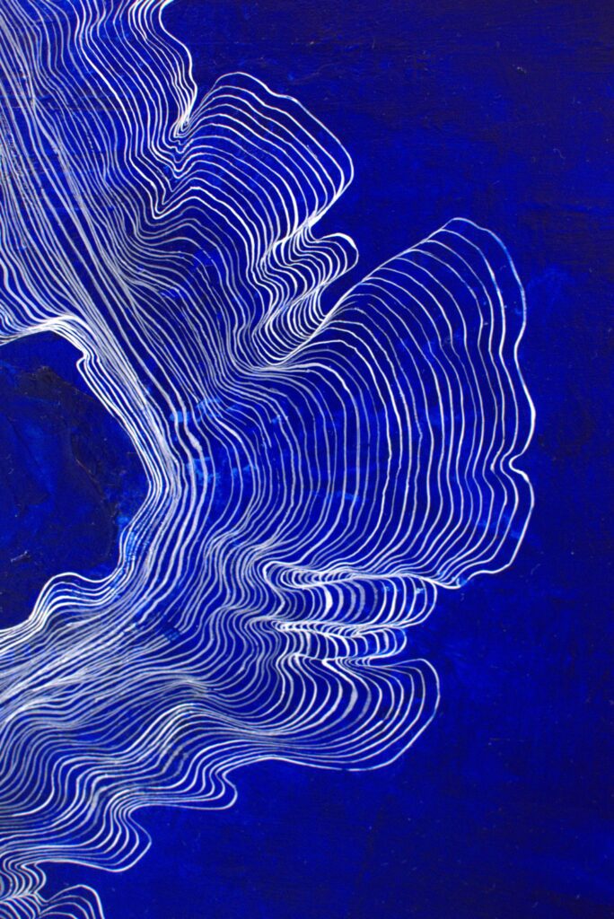 Close-up on the large-scale deep blue painting by Ilayda Mercankaya, focusing on the bending organic white lines.