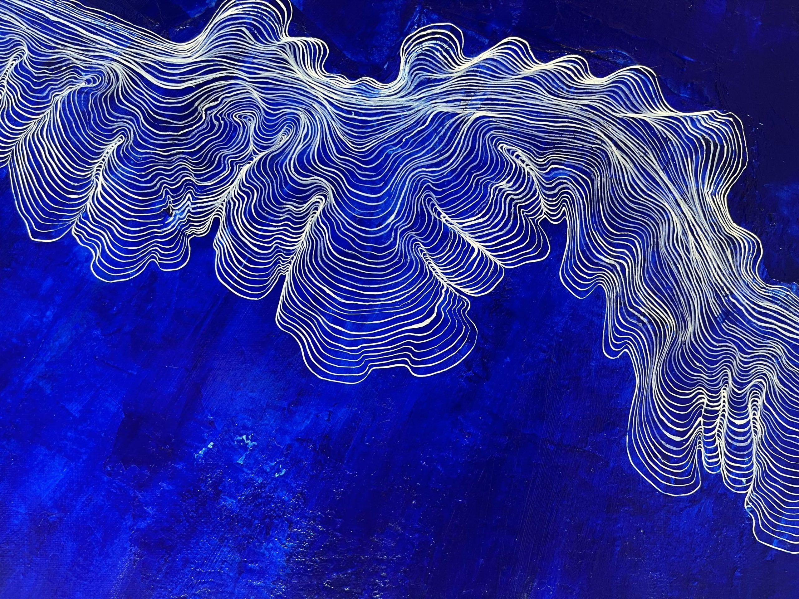 Close-up on the large-scale deep blue painting by Ilayda Mercankaya, focusing on the bending organic white lines.