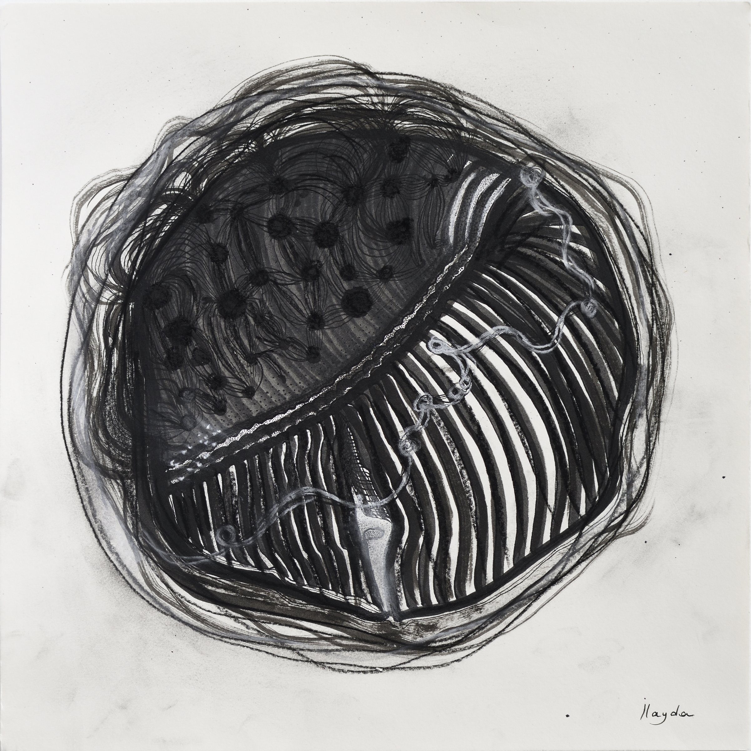 A dense, spherical composition of the Earth in Indian ink and charcoal, drawn by Ilayda Mercankaya