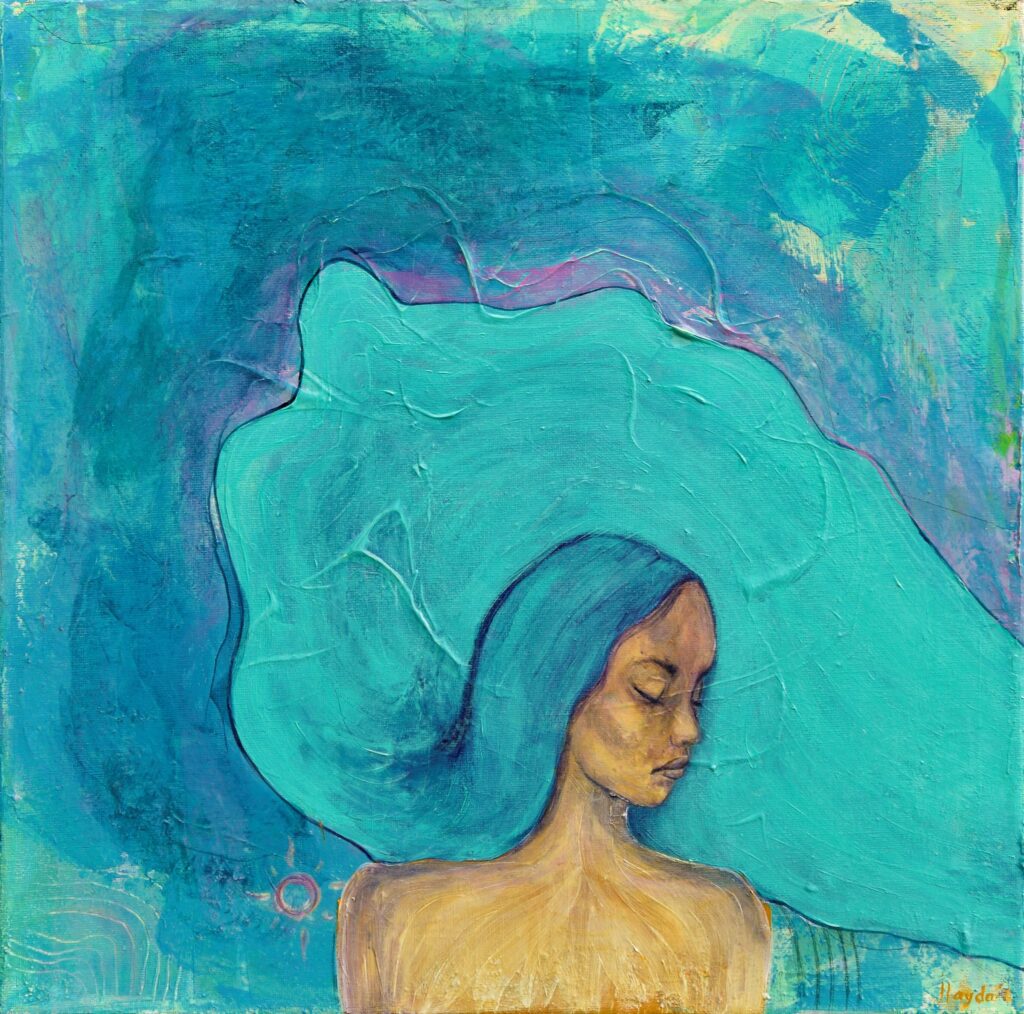 Acrylic portrait of a woman underwater, with eyes closed and waving long hair on an impasto turquoise background.