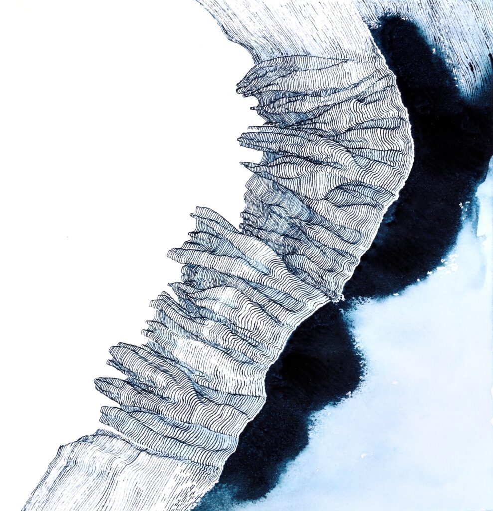 Diptych experiment: Two identical ink stains subjected to different linear interpretations. The line work varies in density and structure to test how the same form changes through drawing.