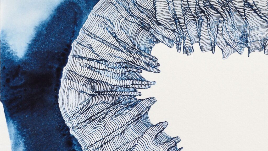 Close-up on Indigo Study, depicting the fluid structure of the indigo ink and the detailed organic topographical lines.