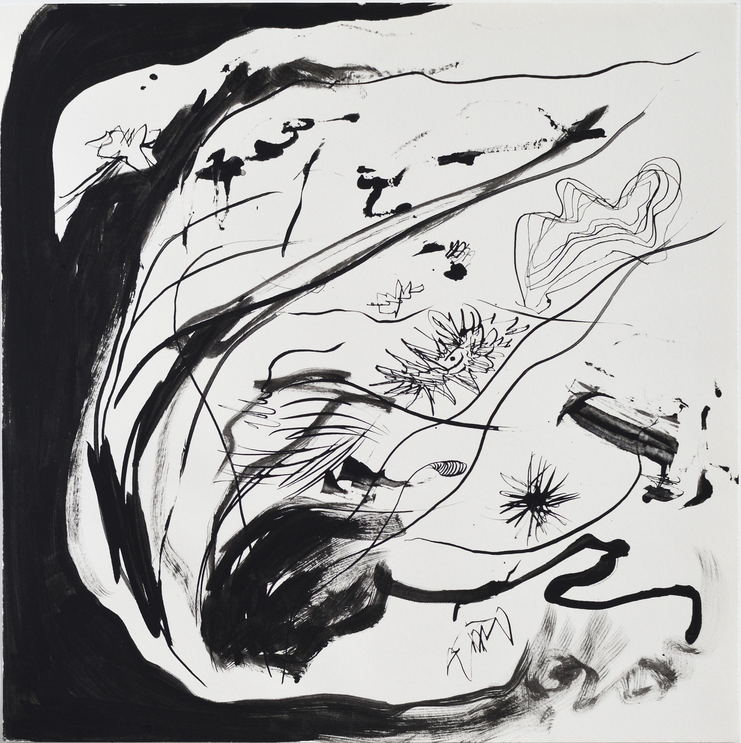 Abstract black-and-white ink painting by Ilayda Mercankaya featuring fluid brushstrokes, organic shapes, ink splatters, and expressive linear elements on white paper, signed in the lower right corner.