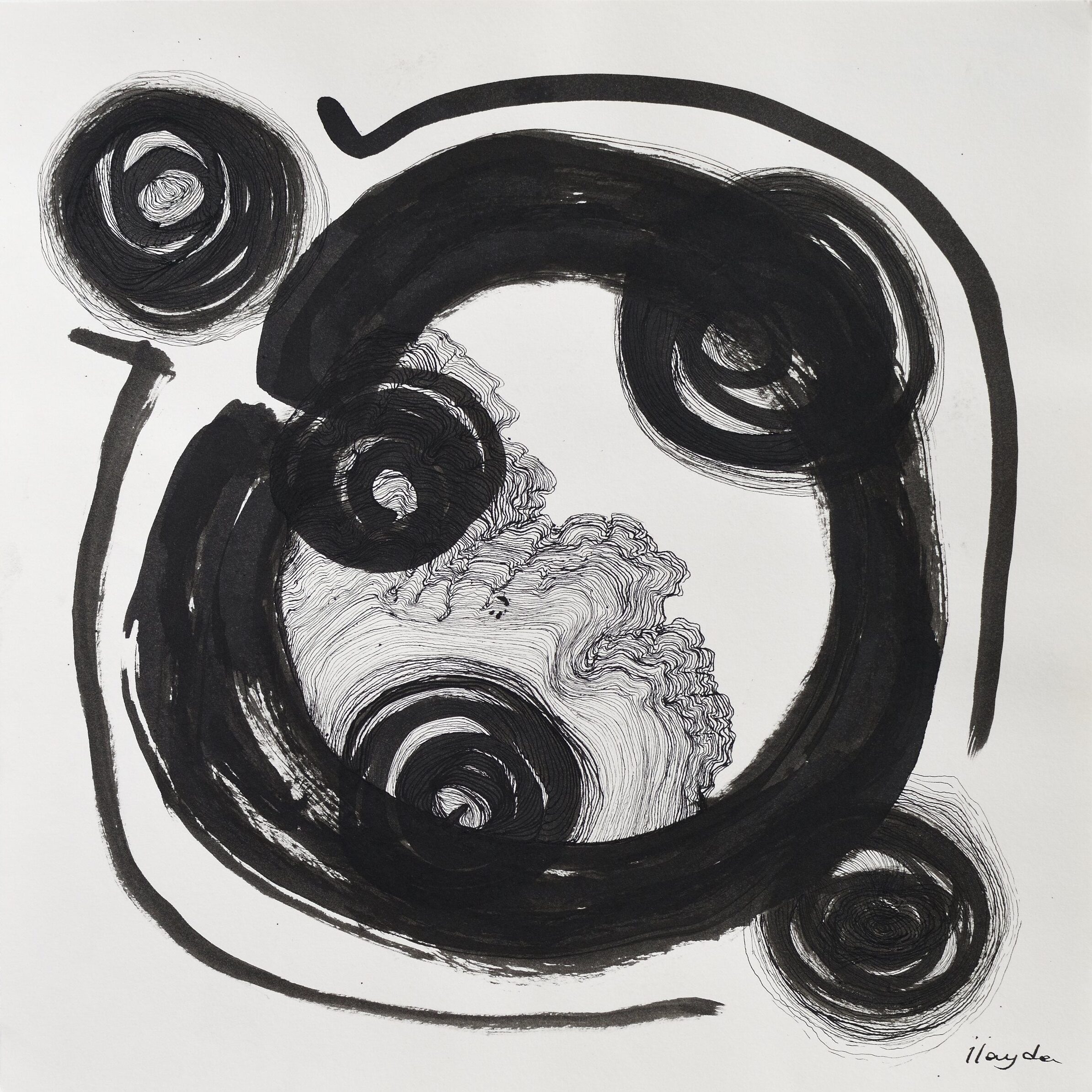 Ink painting with round forms that swirl with detail and intensity, adorned with organic line work, depicting a state of disorientation.