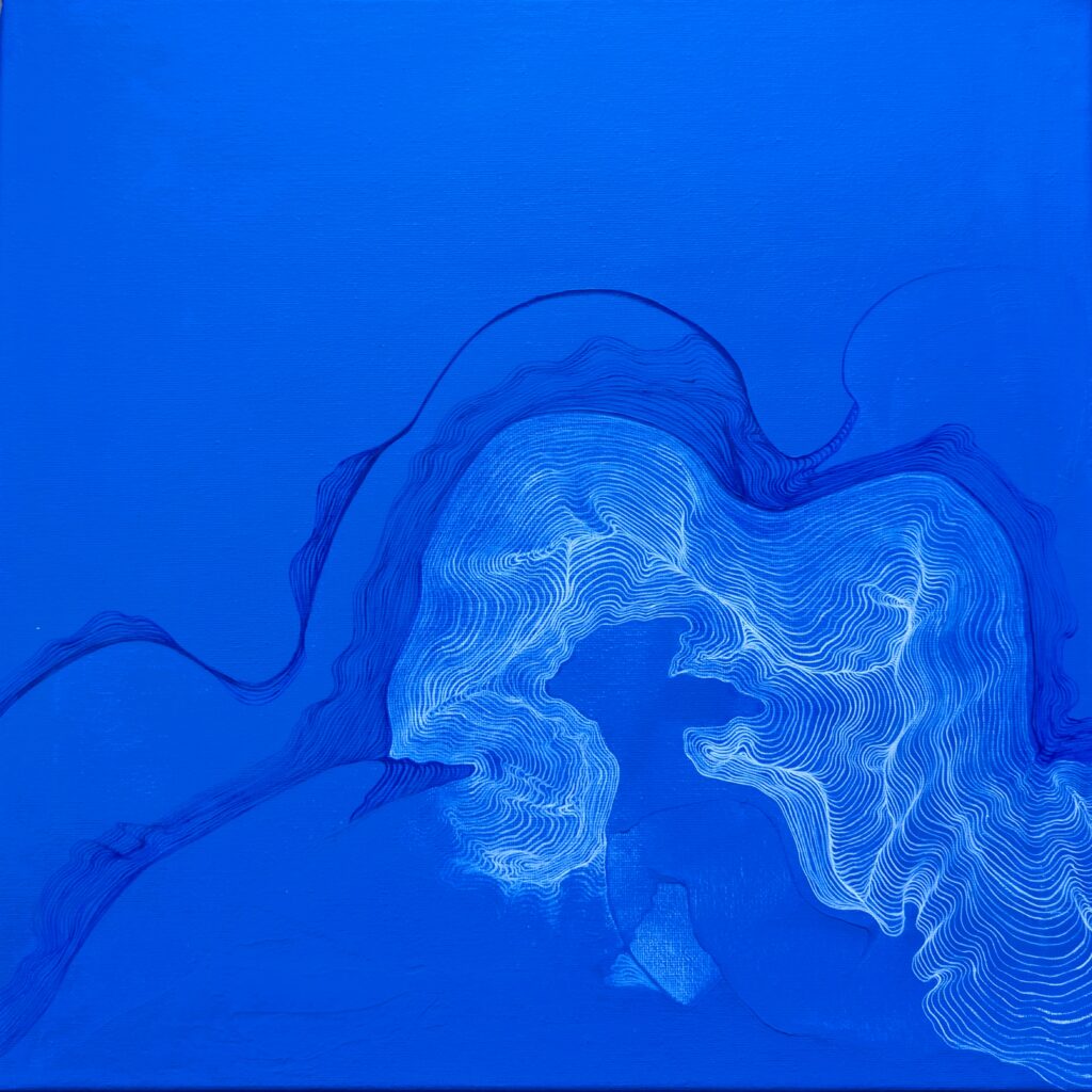 Blue colored meditative painting on canvas featuring white and blue organic line art resembling underwater caves, created by Ilayda Mercankaya.