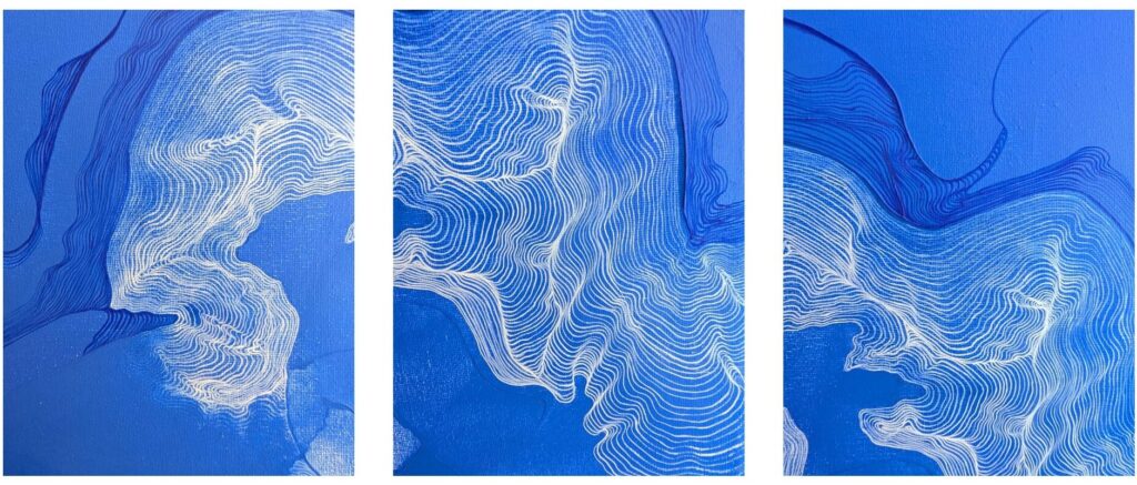 Close-up photographs of a meditative blue painting by Ilayda Mercankaya, focusing on the bending white and blue organic line art.