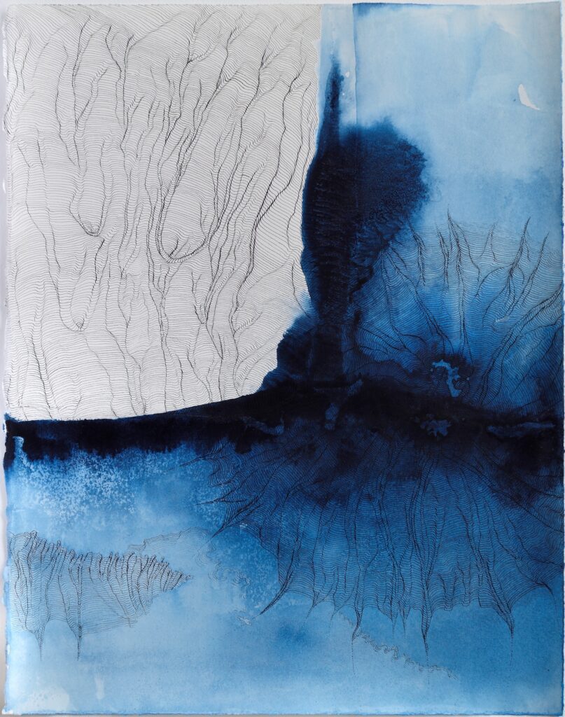 Pair of a diptych with fluid washes and intricate topographical lines. The pair depicts a geographical strait and a human throat.