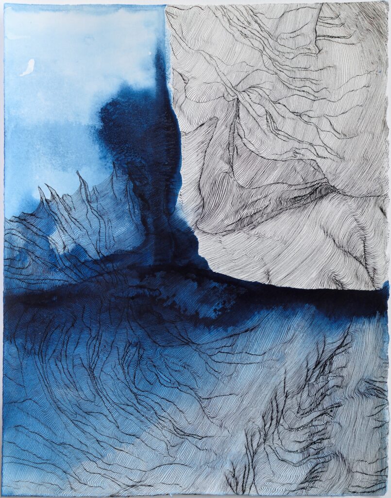 Pair of a diptych with fluid washes and intricate topographical lines. The pair depicts a geographical strait and a human throat.