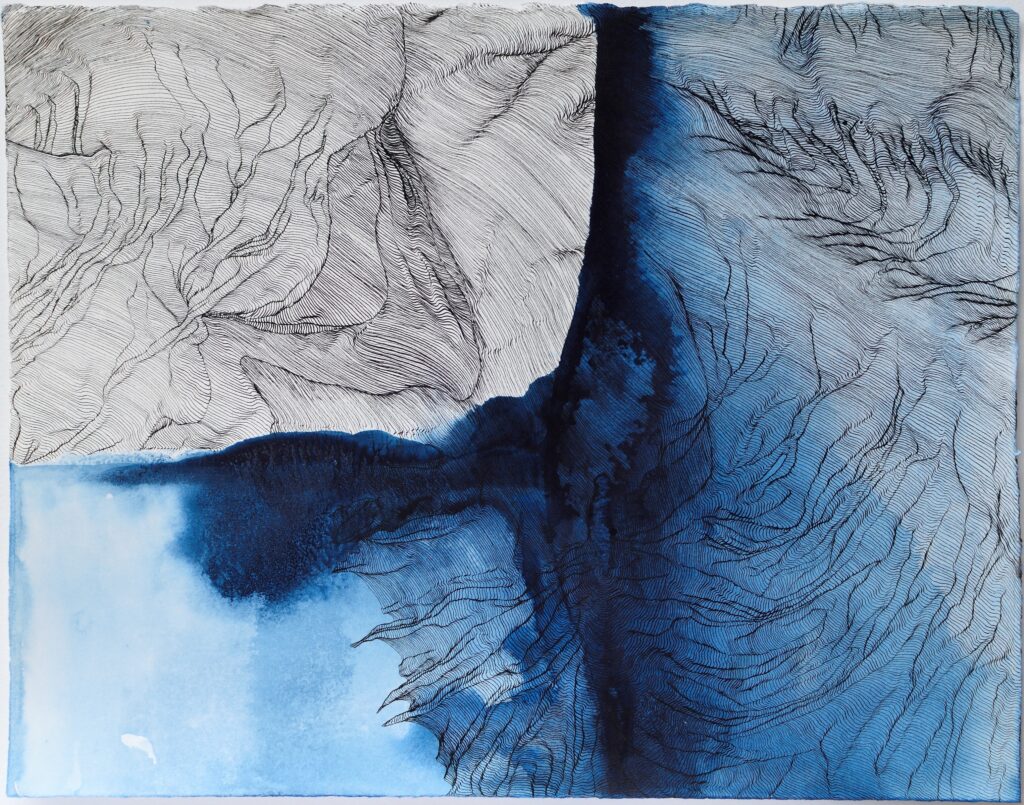 Pair of a diptych with fluid washes and intricate topographical lines. The pair depicts a geographical strait and a human throat.