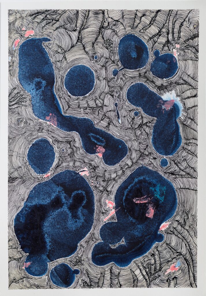Diptych experiment: Two identical ink stains subjected to different linear interpretations. The line work varies in density and structure to test how the same form changes through drawing.