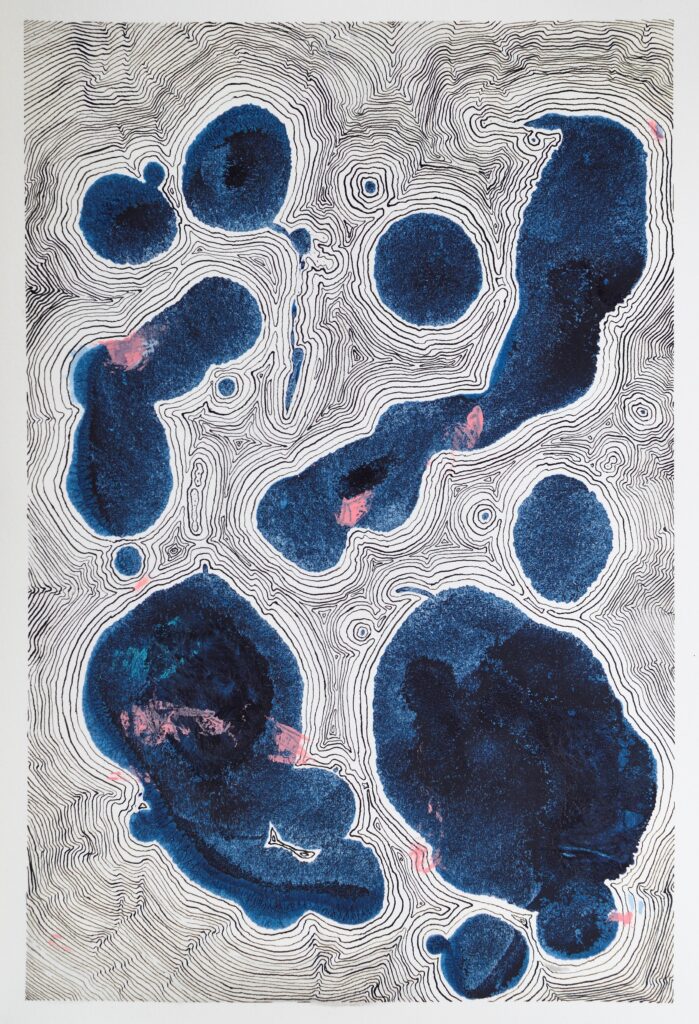 Diptych experiment: Two identical ink stains subjected to different linear interpretations. The line work varies in density and structure to test how the same form changes through drawing.
