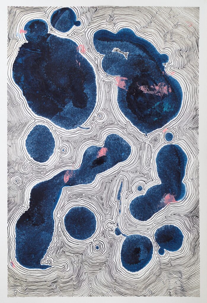 Diptych experiment: Two identical ink stains subjected to different linear interpretations. The line work varies in density and structure to test how the same form changes through drawing.