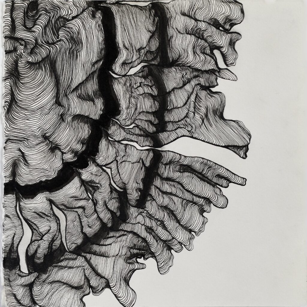 Abstract organic line art painted with Indian ink, showing diverging and converging lines exploring relationship dynamics