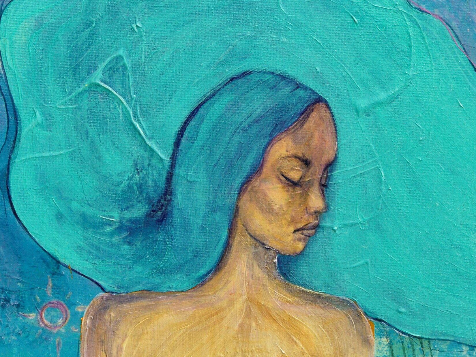 Acrylic portrait of a woman underwater, with eyes closed and waving long hair on an impasto turquoise background.