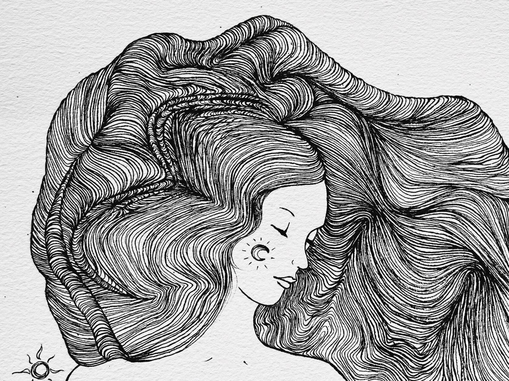Monochromatic portrait of a woman underwater, with eyes closed and waving long hair. The hair consists of dense, waving line work.