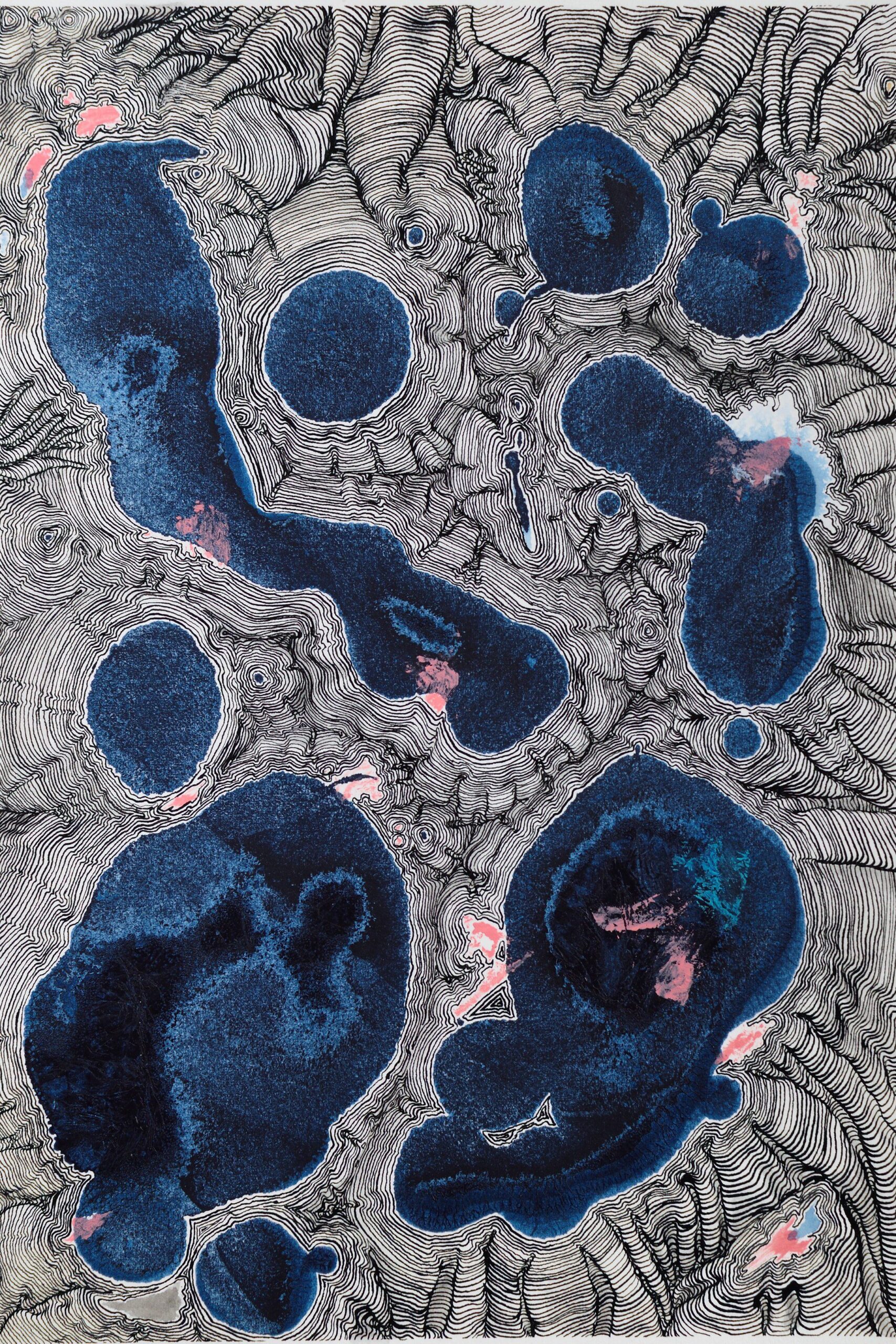 Diptych experiment: Two identical ink stains subjected to different linear interpretations. The line work varies in density and structure to test how the same form changes through drawing.