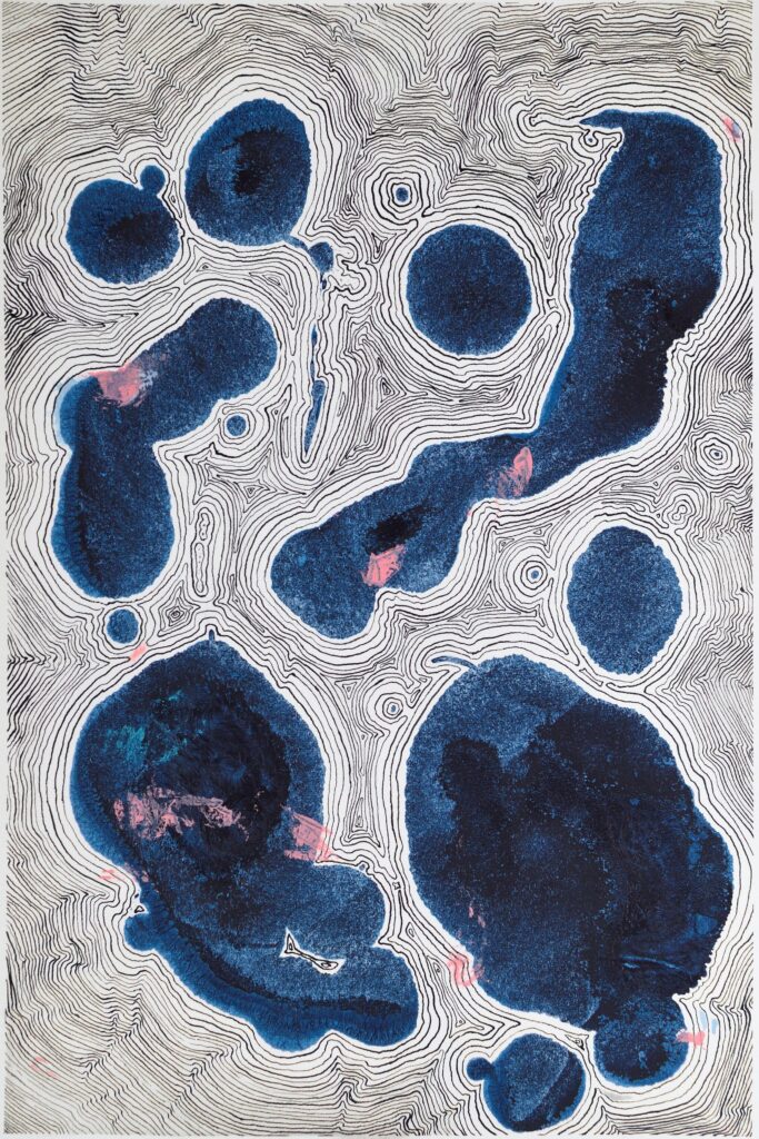 Diptych experiment: Two identical ink stains subjected to different linear interpretations. The line work varies in density and structure to test how the same form changes through drawing.